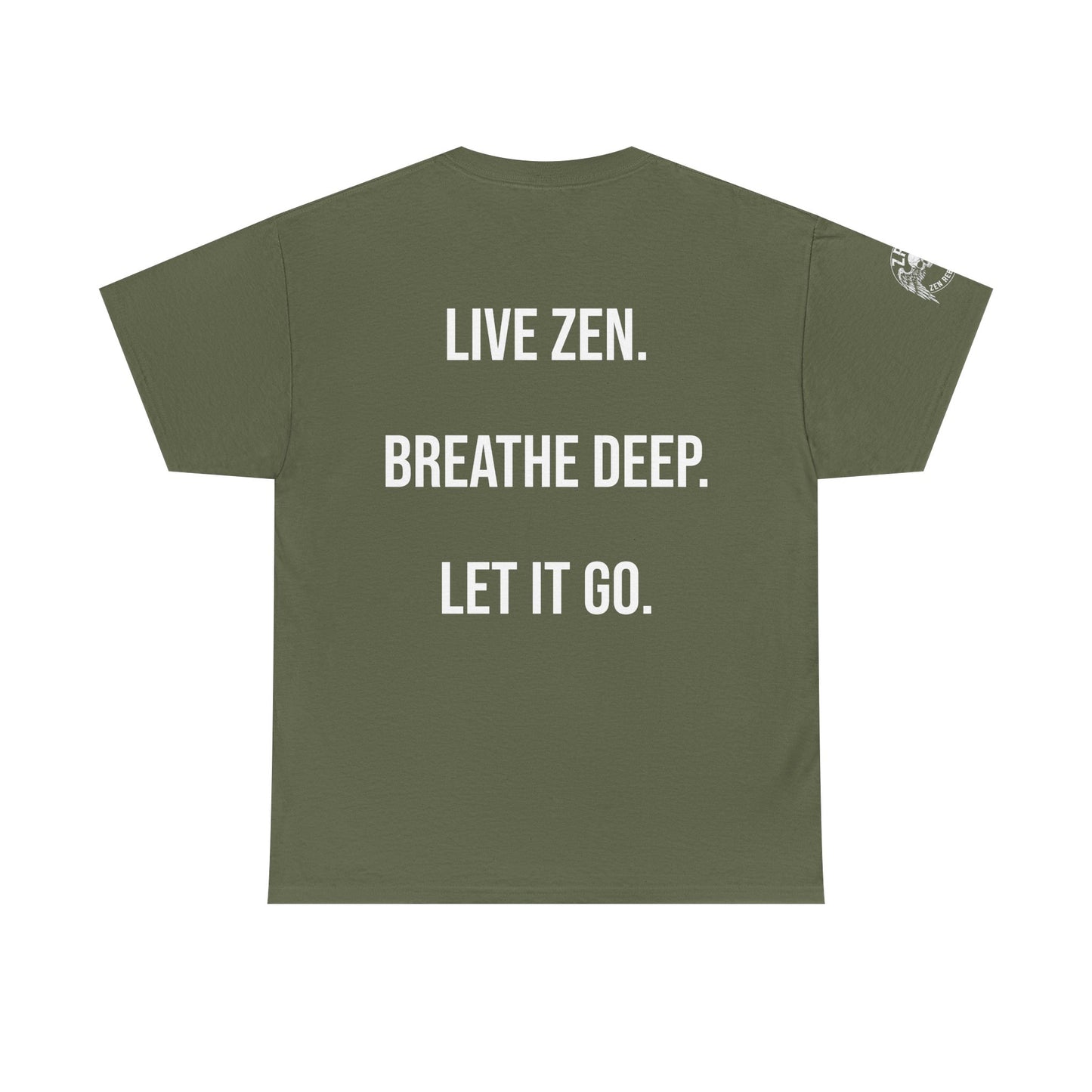 Live Zen. Breathe Deep. Let It Go. T-Shirt Tee Back Meditating Skeleton Front Winged Skull on sleeve Many Colors