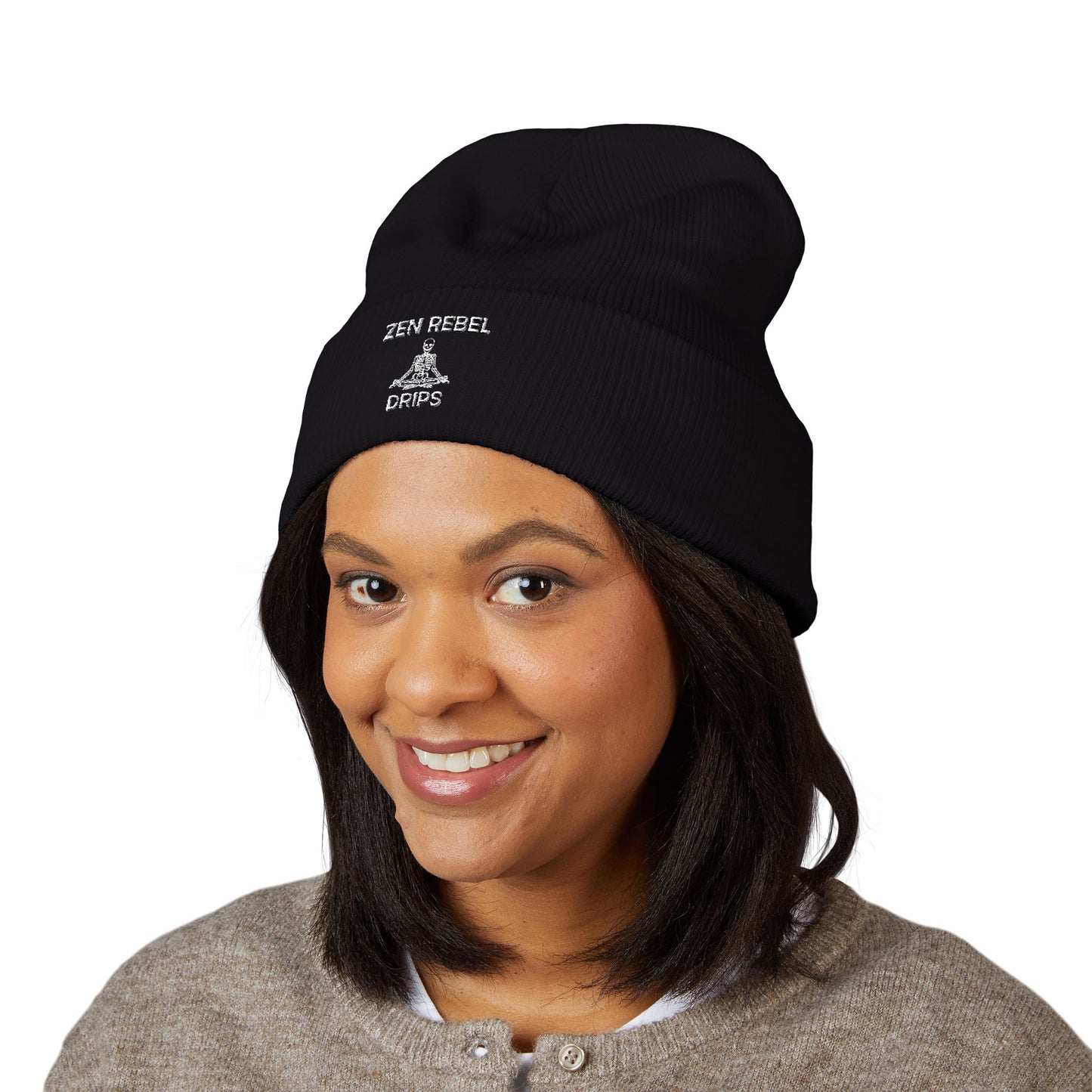 Embroidered Classic Cuffed Beanie - Minimal Script & Skull Patch
