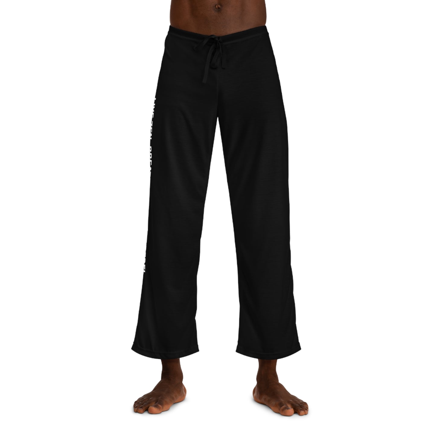 Black Lounge Pajama Pants for Men — Side Text 'Live Zen. Breathe Deep. Stay Rebel.'