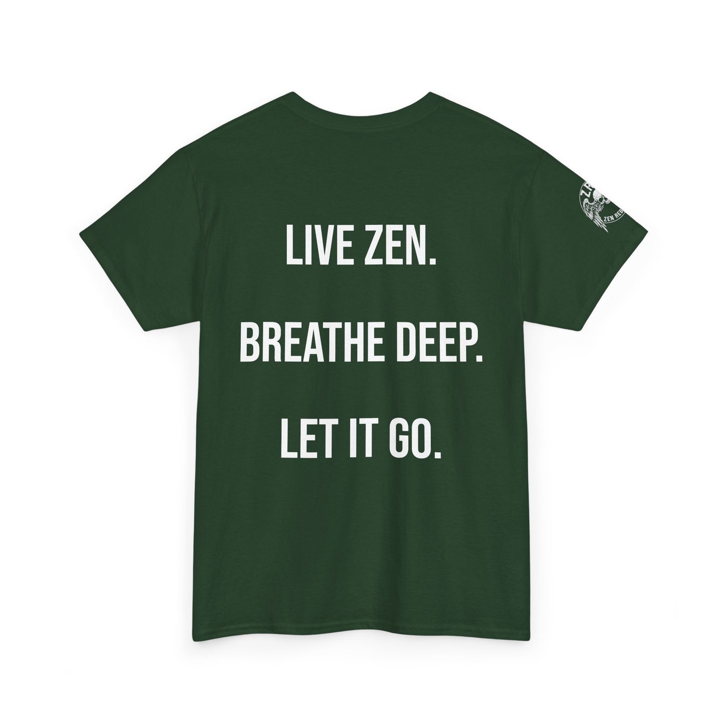 Live Zen. Breathe Deep. Let It Go. T-Shirt Tee Back Meditating Skeleton Front Winged Skull on sleeve Many Colors