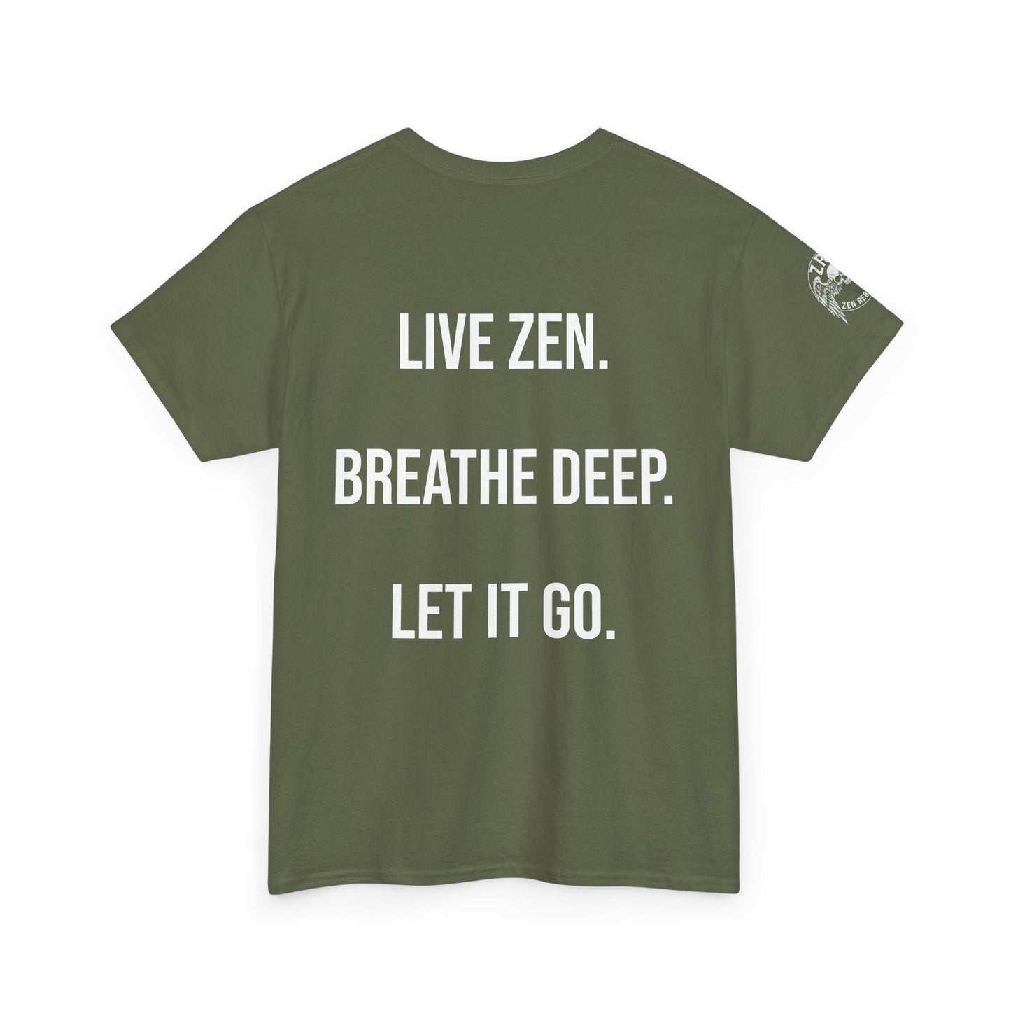 Live Zen. Breathe Deep. Let It Go. T-Shirt Tee Back Meditating Skeleton Front Winged Skull on sleeve Many Colors