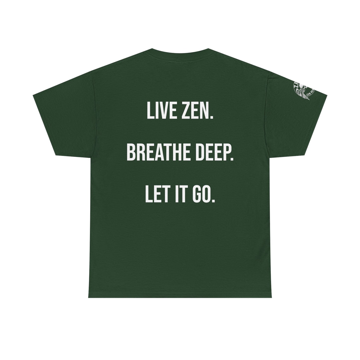 Live Zen. Breathe Deep. Let It Go. T-Shirt Tee Back Meditating Skeleton Front Winged Skull on sleeve Many Colors