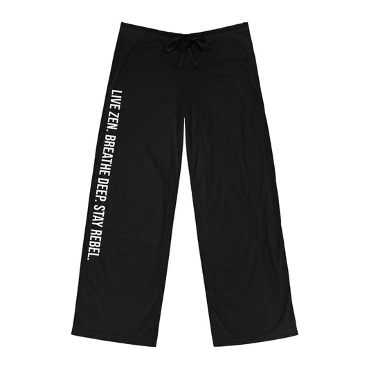 Black Lounge Pajama Pants for Men — Side Text 'Live Zen. Breathe Deep. Stay Rebel.'