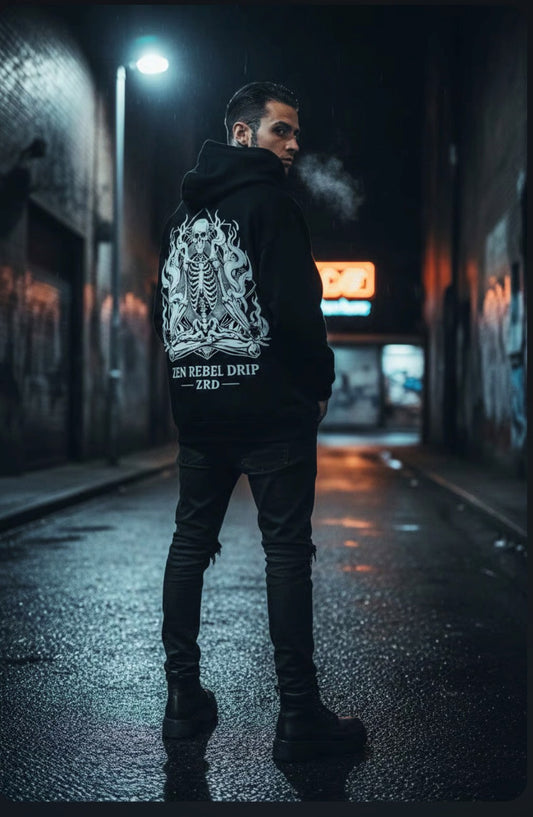 Hoodie with Meditating Skull Skeleton Flames Back Print Skull Wings logo front — Gothic Streetwear