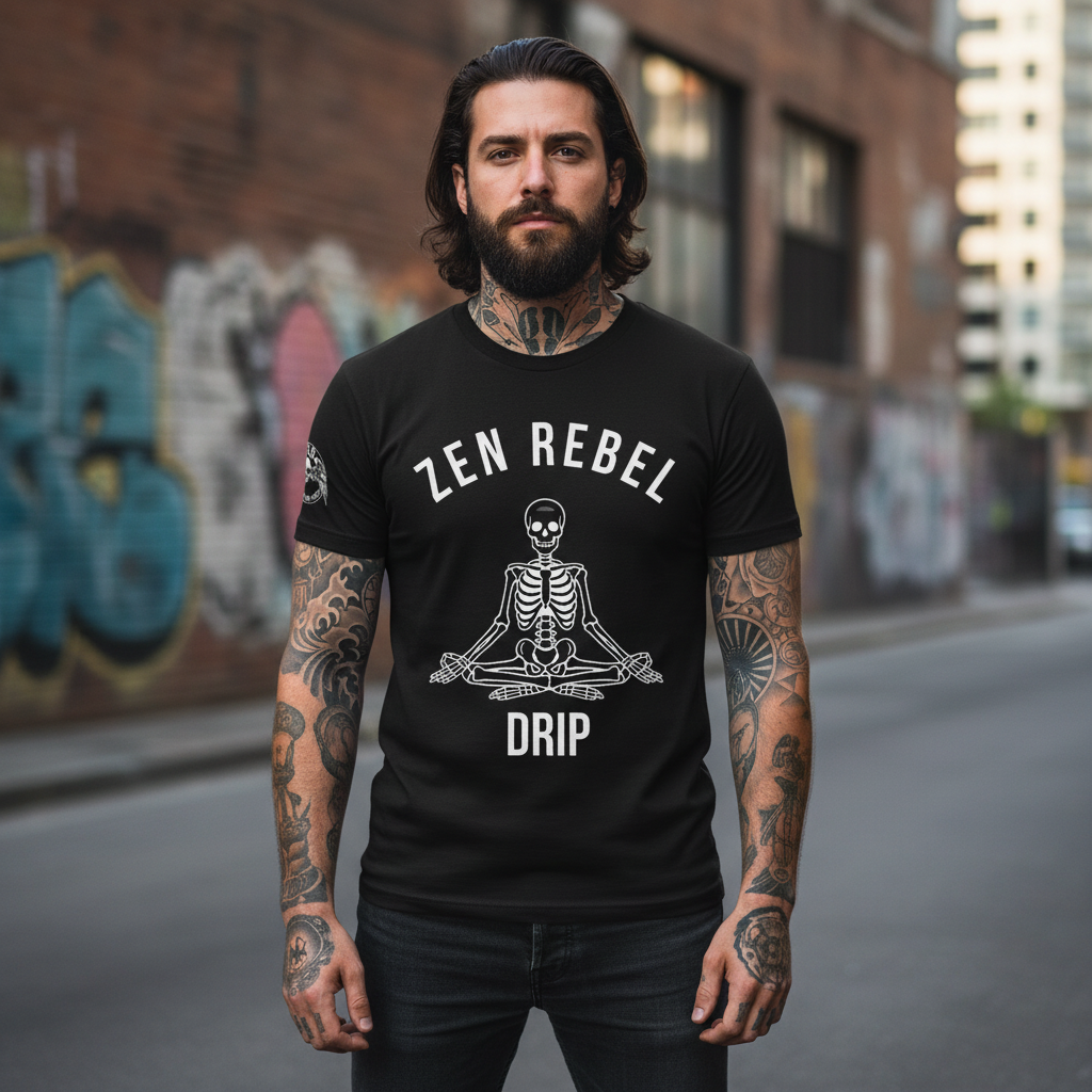 Live Zen. Breathe Deep. Let It Go. T-Shirt Tee Back Meditating Skeleton Front Winged Skull on sleeve Many Colors